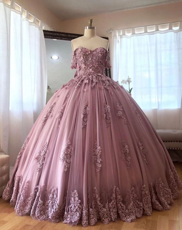 Ball Gown Off the Shoulder Tulle Quinceanera with Lace Appliques Puffy Prom Dress - Prom Dresses