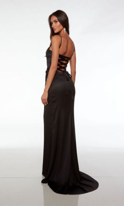 Black Silver Beaded High Split Floor length Prom Dresses