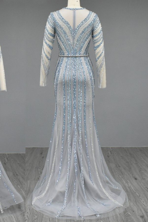 Long sleeves Illusion neck beaded sequin Evening Dress