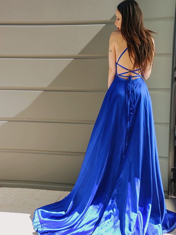 Royal Blue Halter A-line Satin High Split Prom Dresses
