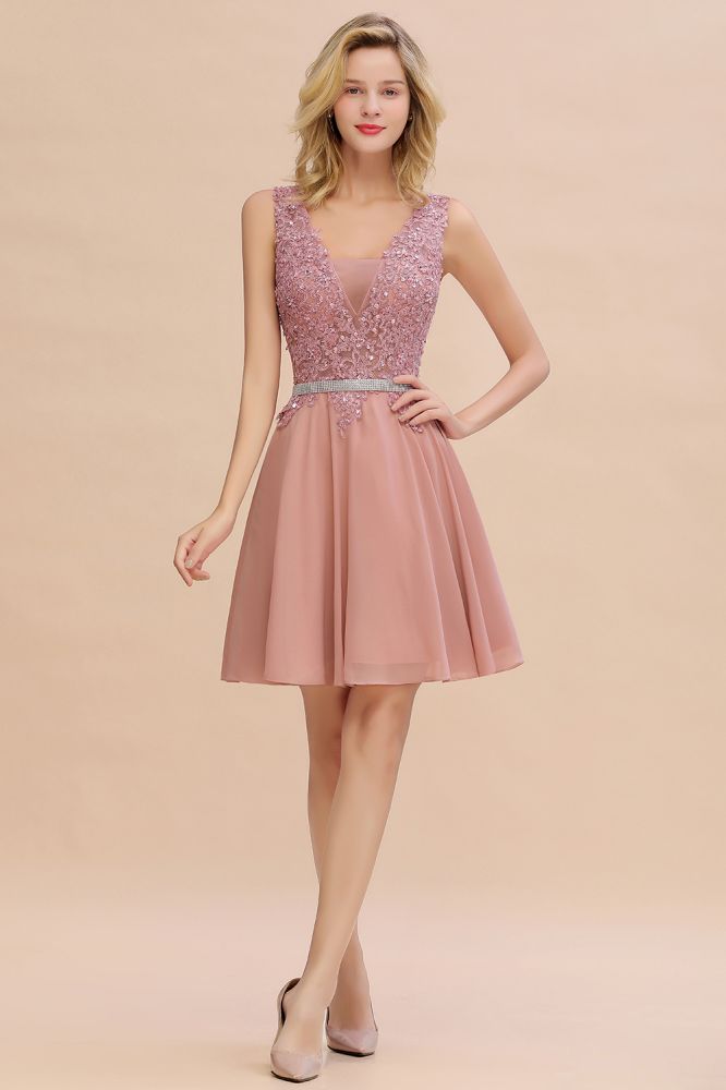 Cute Deep V-neck Short Sexy Sleeveless V-back Dusty Pink Knee length Womens Dress for Cocktail Party