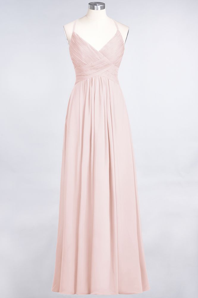 Chiffon A-Line Spaghetti-Straps V-Neck Sleeveless Long Bridesmaid Dress with Ruffles