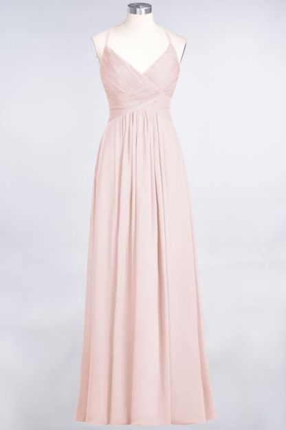 Chiffon A-Line Spaghetti-Straps V-Neck Sleeveless Long Bridesmaid Dress with Ruffles