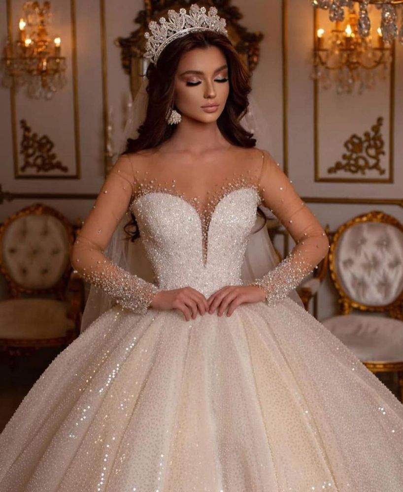 Luxury Sweetheart Sparkly Sequins Bridal Gown Long Sleeves