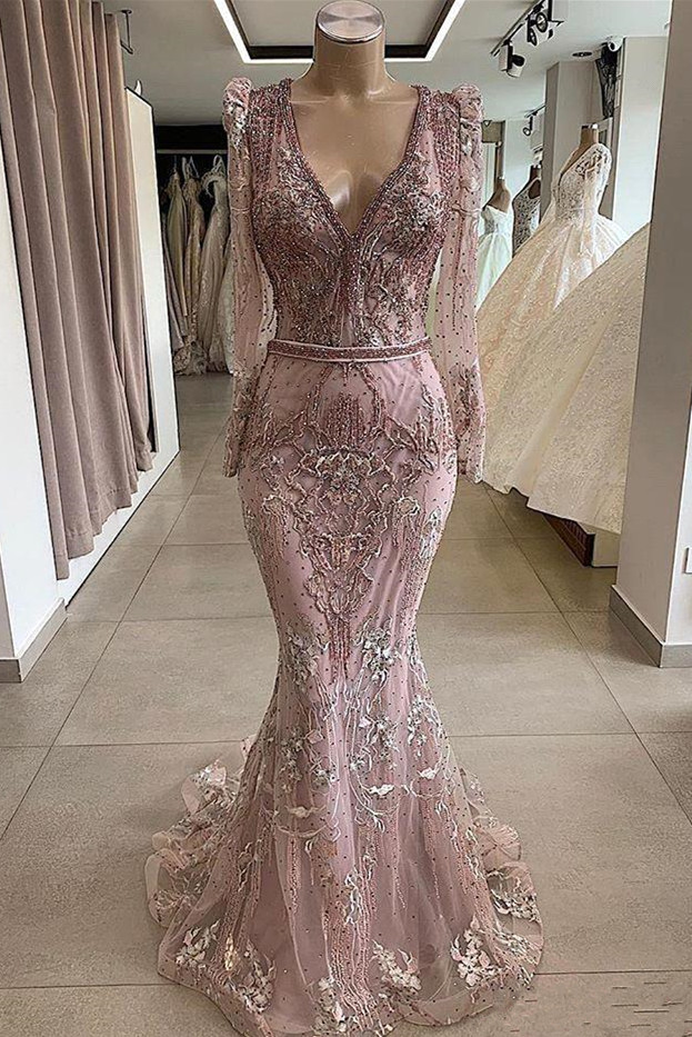 Gorgeous Mermaid Lace Beading V Neck Long Sleeves Prom Dresses | Evening Gowns With Beading Waistband-Babyonlinewholesale