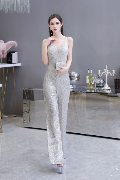 Sexy Shining V-neck Silver Sequin Sleeveless Prom Jumpsuit