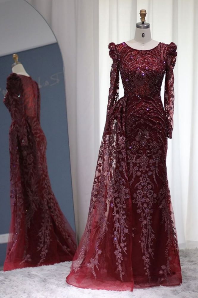 Luxury Scoop Puffy Sleeves Mermaid Evening Gown Sparkly Beading Floral Appliques Formal Dress with Sweep Train-Babyonlinewholesale