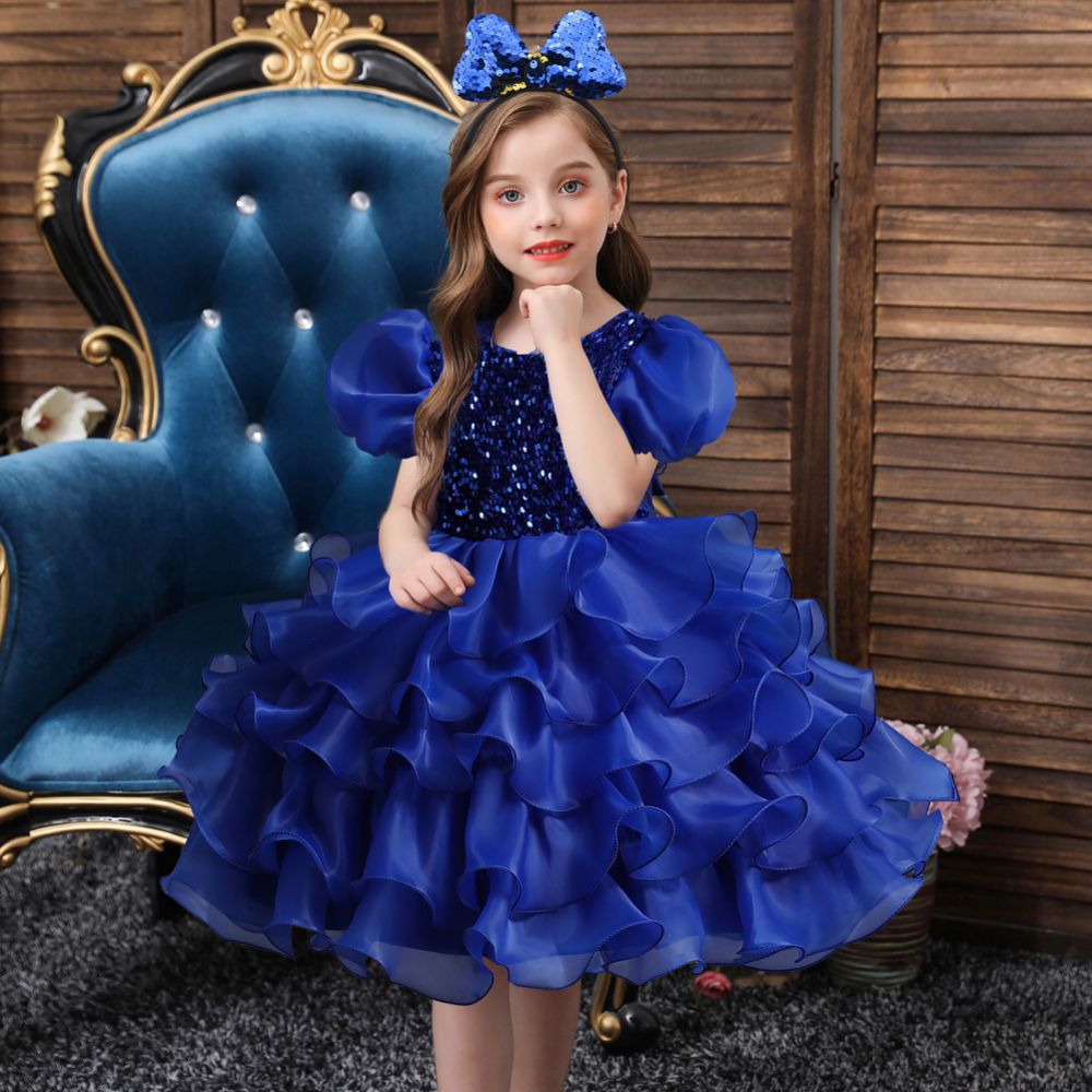 Navy blue cap sleeves ruffle luxury flower gril dress