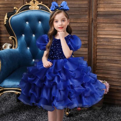 Navy blue cap sleeves ruffle luxury flower gril dress