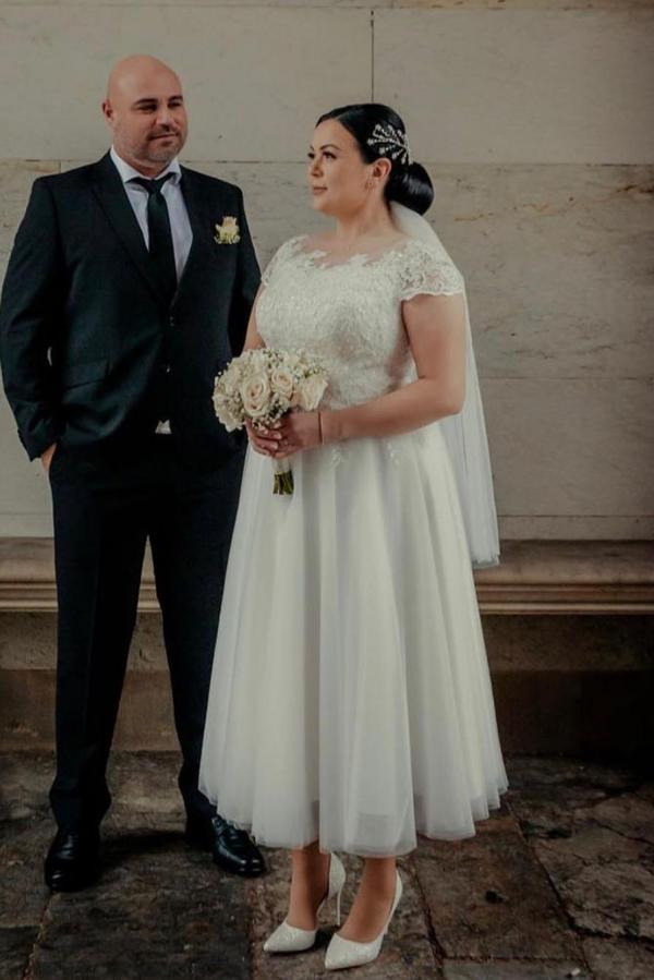 Ankle Length Wedding Dress White Tulle Dress for Bride with Cap Sleeves