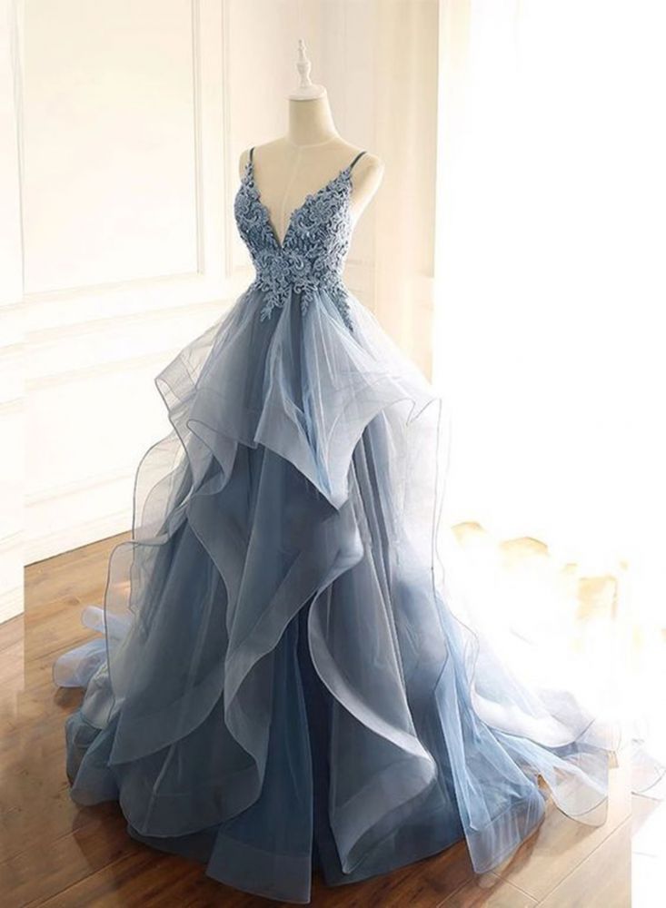 Gray Evening Dresses Tulle V Neck Ruffles Long Spaghetti Lace Beading Prom Dress