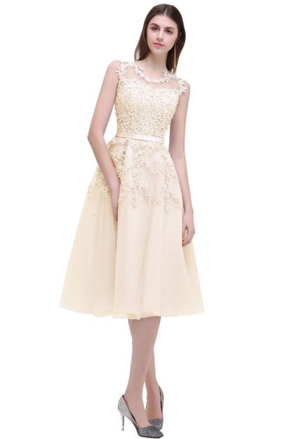 EMORY | A-Line Crew Tea Length Lace Appliques Short Prom Dresses