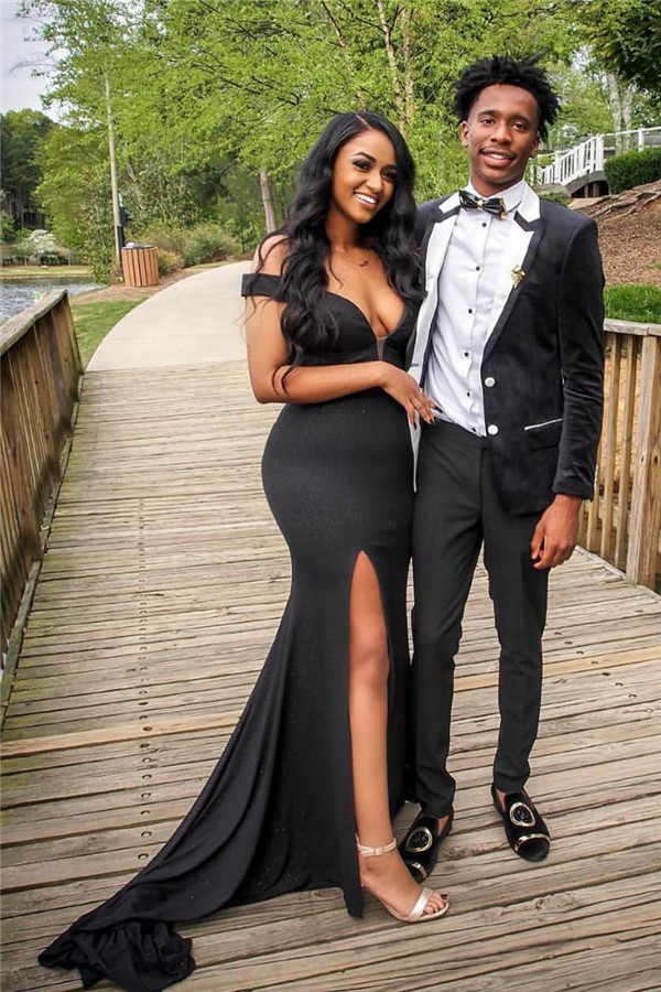 Fashion Off Shoulder Sexy V-neck Alluring Prom Dresses | Elegant Side Slipt Fit and Flare Formal Dresses-Babyonlinewholesale