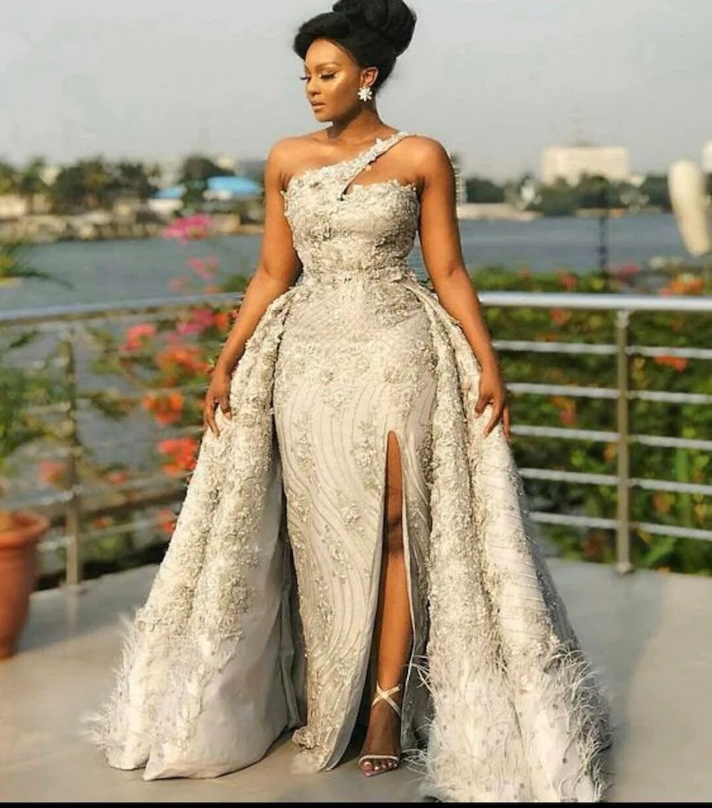 Long Party Lace Prom Dress with Detachable Train One Shoulder Mermaid Evening dress for women