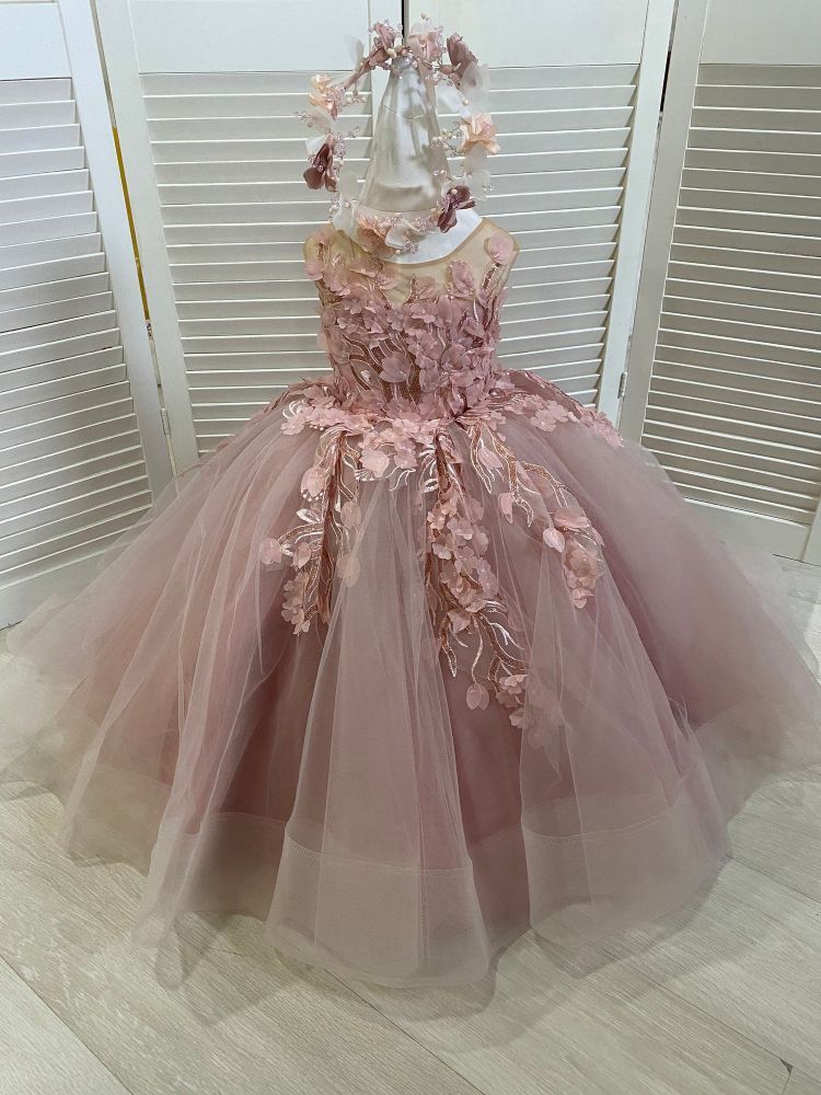 Cute Birthday Party Dress Sleeveless Tulle Floral First Communion Dress for Girl with Train