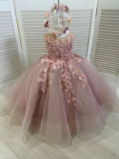Cute Birthday Party Dress Sleeveless Tulle Floral First Communion Dress for Girl with Train