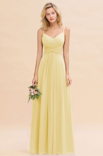 Elegant Ruffles Spaghetti Straps Simple Prom Dresses | A-Line Sleeveless Backless Evening Dresses