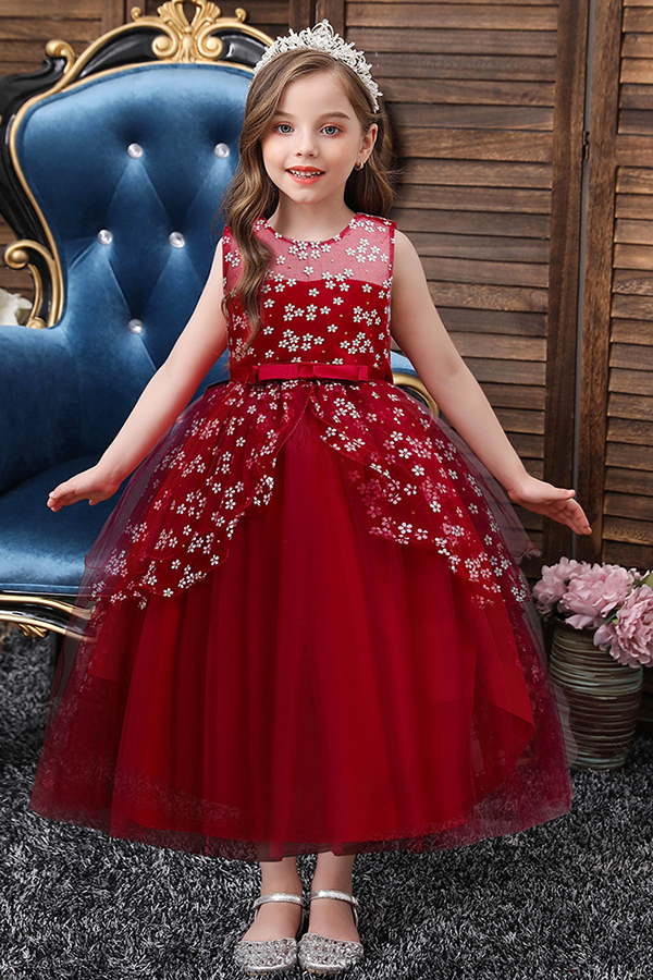 Illusion neck burgundy a-line ankle length flower girl dress