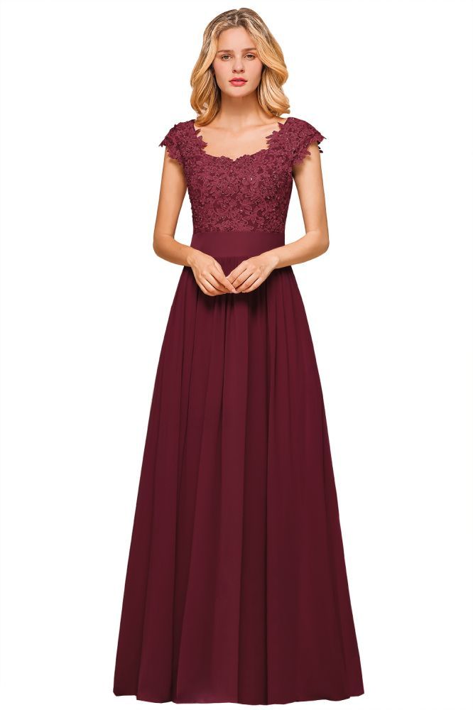 Burgundy Cap sleeves Lace Evening Gowns with Appliques | Chiffon Long Mother of the bride dress