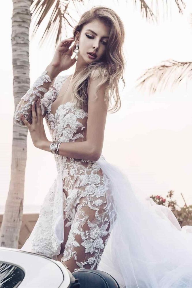 Elegant Lace Jumpsuit Asymmetirc See-through Overskirt White Wedding Dress