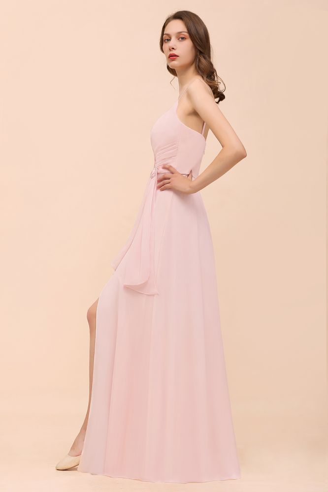 Spaghetti Straps Pink Chiffon Wedding Party Dress Sleeveless Long Bridesmaid Dress