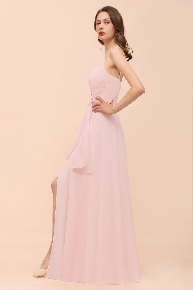 Spaghetti Straps Pink Chiffon Wedding Party Dress Sleeveless Long Bridesmaid Dress