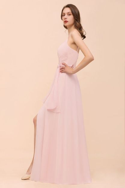 Spaghetti Straps Pink Chiffon Wedding Party Dress Sleeveless Long Bridesmaid Dress