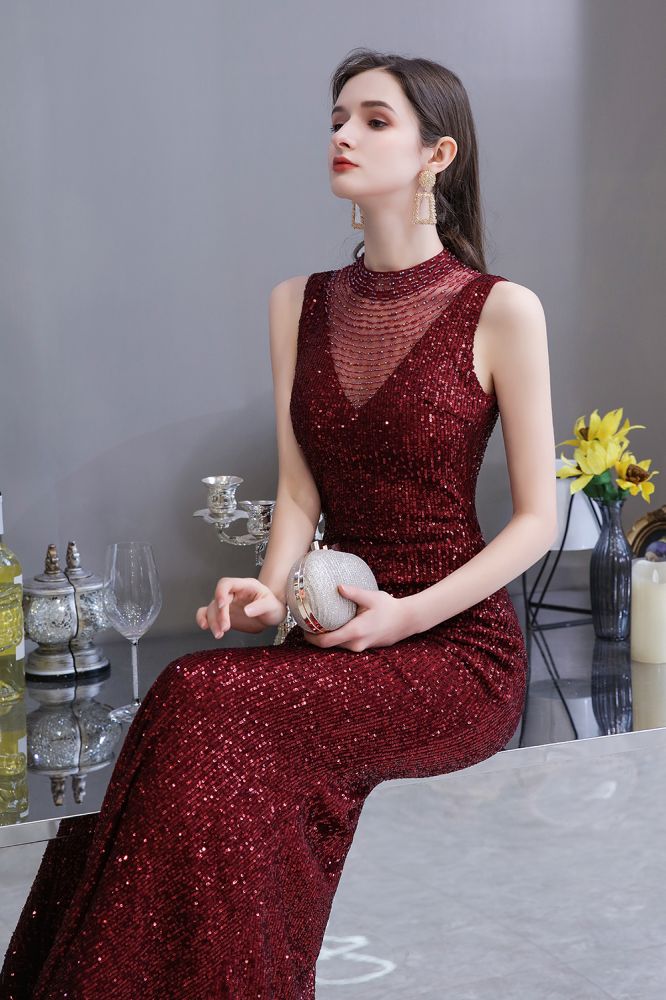 Elegant Illusion neck Burgundy Sleeveless Mermaid Prom Dress