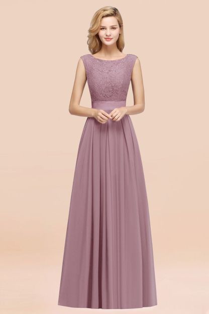 A-line Chiffon Lace Jewel Sleeveless Ruffles Floor-length Bridesmaid Dress