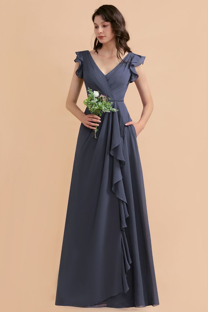 Ruffles Sleeves Chiffon Aline Wedding Party Dress Floor Length Evening Dress