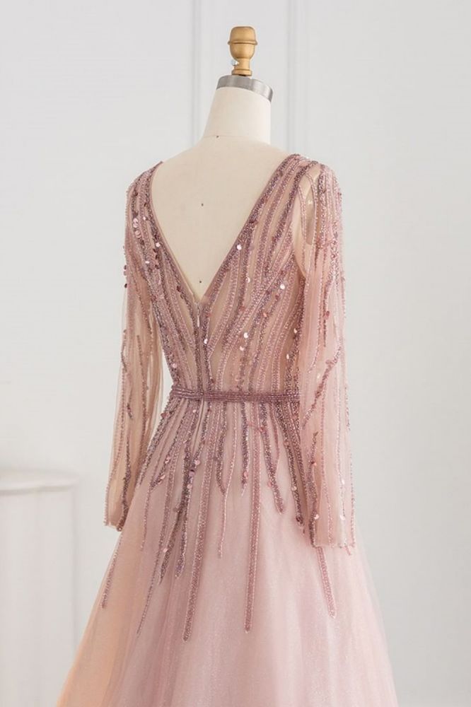 Elegant Sequins Beading A-line Eveing Party Dress V-neck Long Sleeves Tulle Party Gown