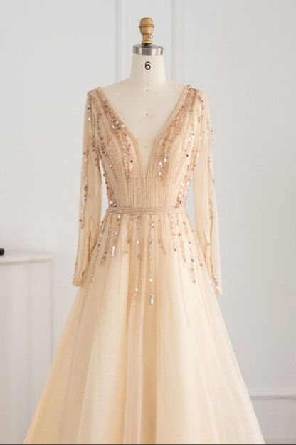 Elegant Sequins Beading A-line Eveing Party Dress V-neck Long Sleeves Tulle Party Gown