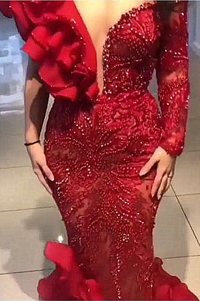 Burgundy One shoulder Mermaid Long sleeves Sexy Mermaid Evening Dress