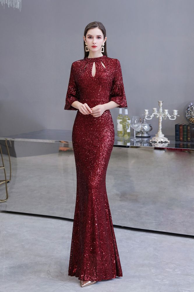 Glittering Half Sleeves Keyhole Mermaid Long Burgundy Prom Dress