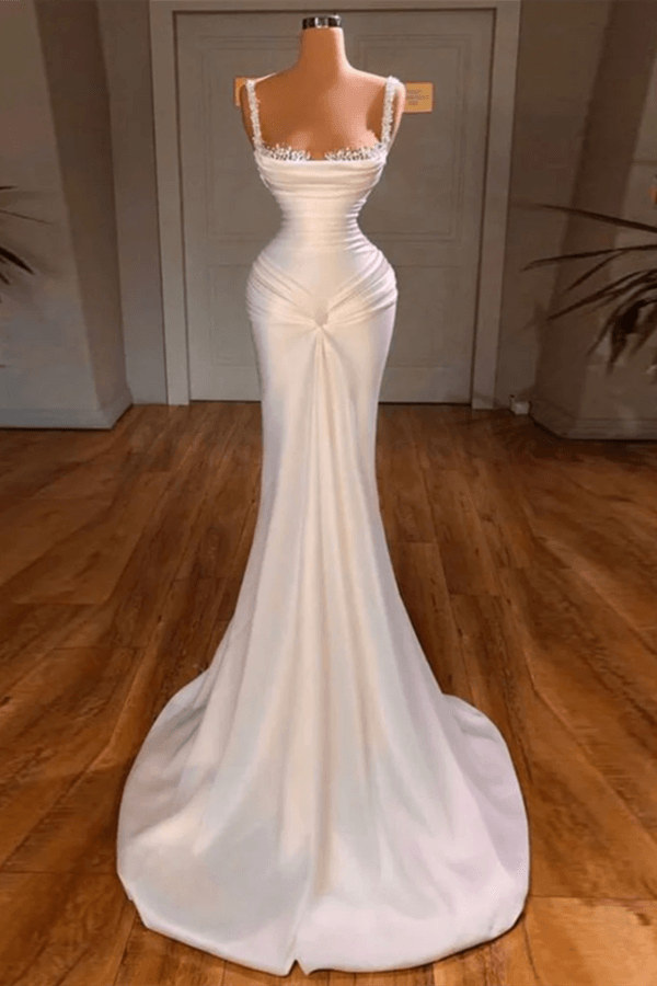 Straps White Square neck Mermaid White Satin Prom Dresses
