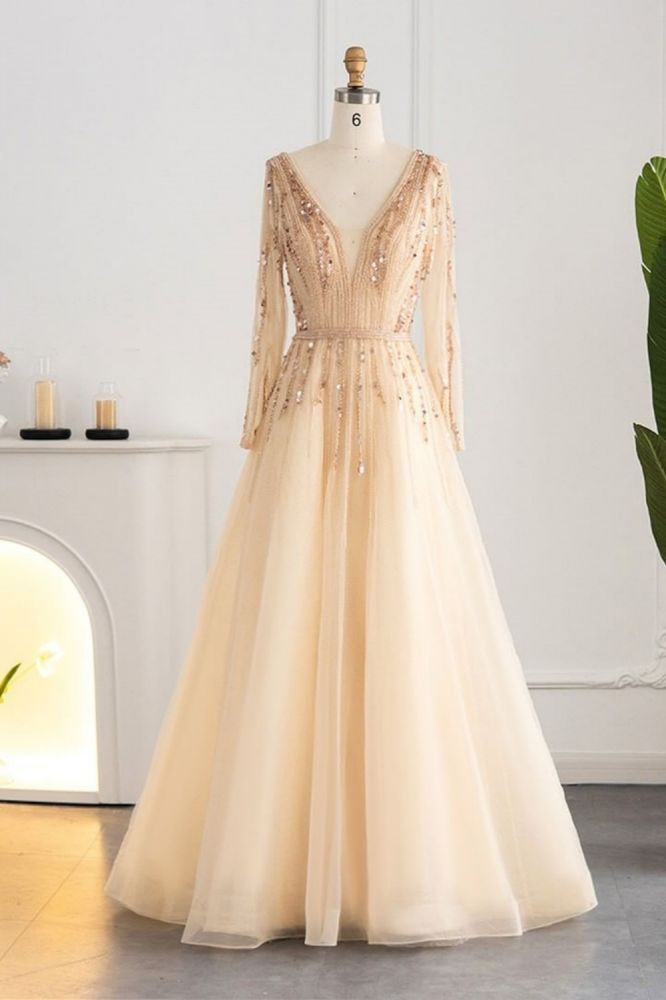 Elegant Sequins Beading A-line Eveing Party Dress V-neck Long Sleeves Tulle Party Gown