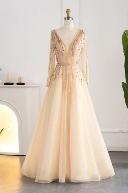 Elegant Sequins Beading A-line Eveing Party Dress V-neck Long Sleeves Tulle Party Gown