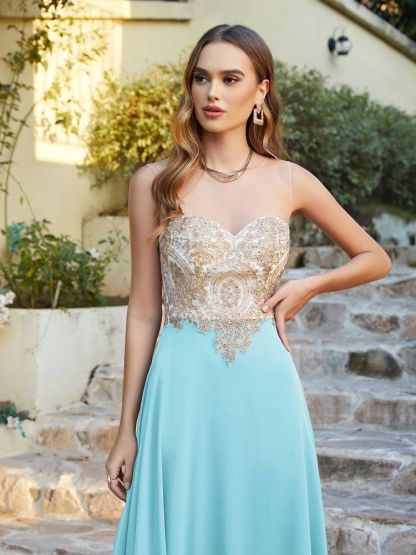 Sleeveless Lace Appliques Long Prom Dresses Chiffon Evening Party Gown