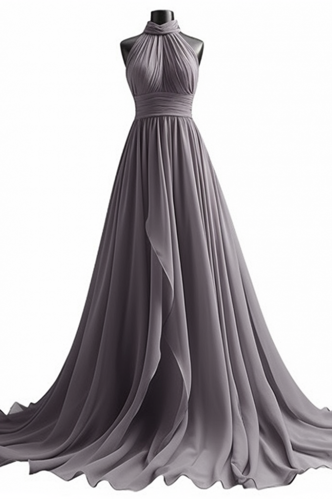 Halter Chiffon Purple Pleats A-line Evening Dresses