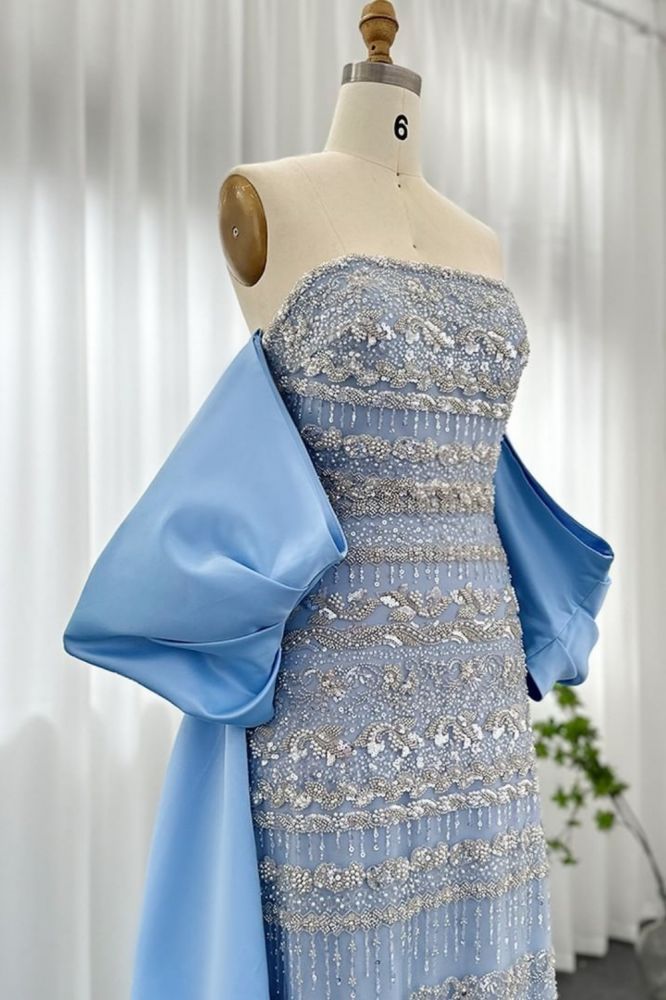 Gorgeous Strapless Glitter Beading Satin Mermaid Evening Gown with Ruffle Chapel Train