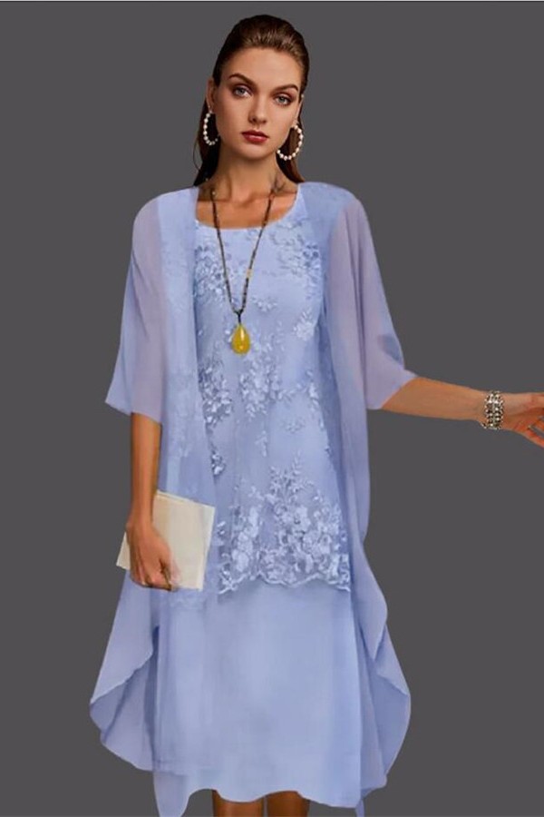 Elegant 3/4 Sleeves Knee Length Beading Jewel Sheath Mother Chiffon Jumpsuit