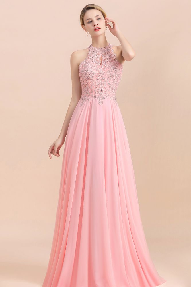 Modest Pink Pears Beaded A-line Halter Bridesmaid Dresses