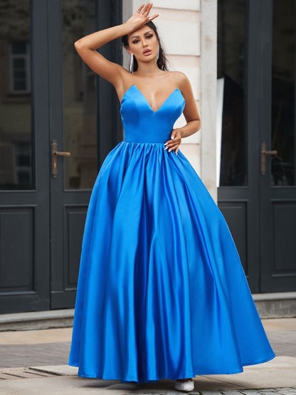 V-neck Satin Sleeveless Ankle Length Evening Dresses