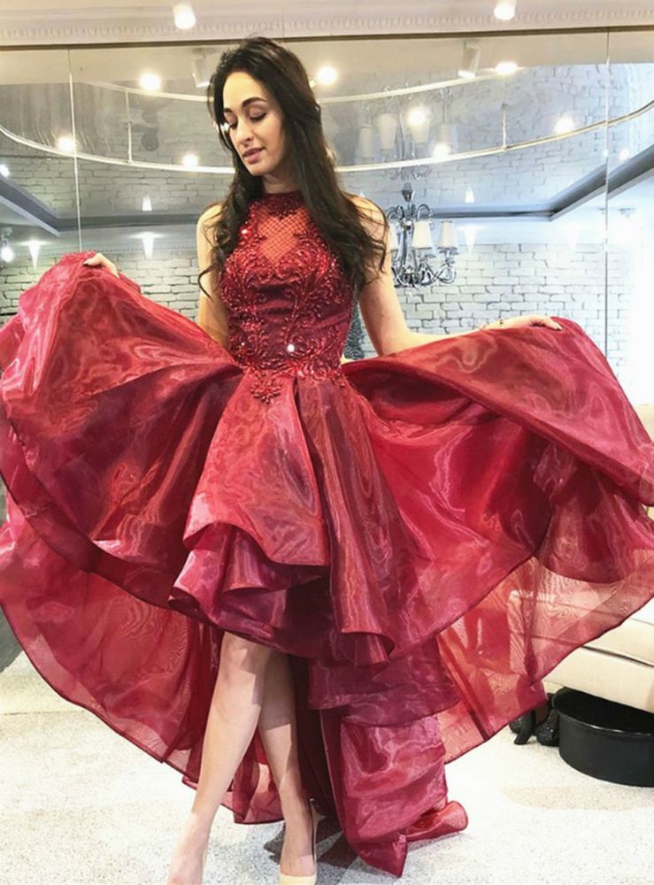 Burgundy Tulle lace hi-Lo Dancing Party Dress Homecoming Dress