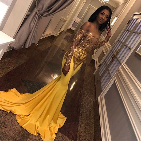 Sexy Off Shoulder Applique Satin Long Sleeve Mermaid Slim Prom Gown