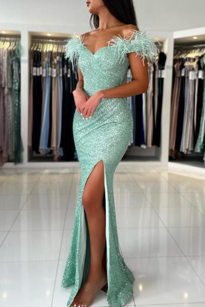 Off the shoulder light green split front simple prom dress
