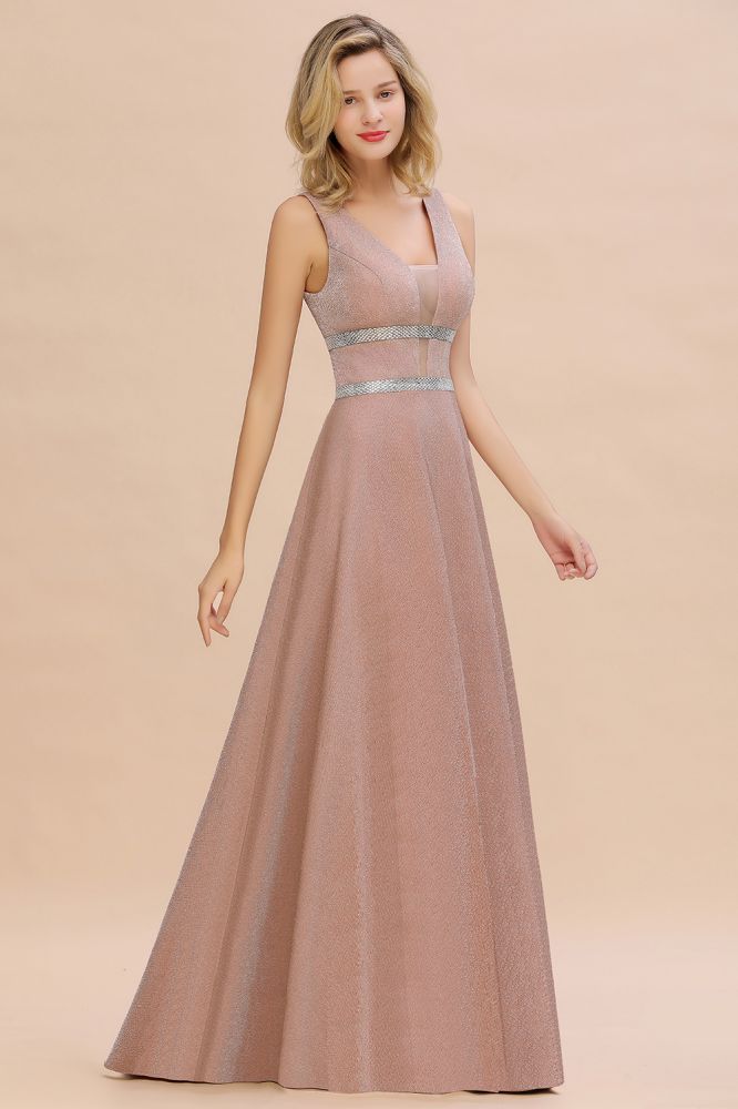 Sparkly Deep V-neck Long Evening Dresses with Shining Belt | Elegant Sleeveless V-back Pink Formal Dress-Babyonlinewholesale