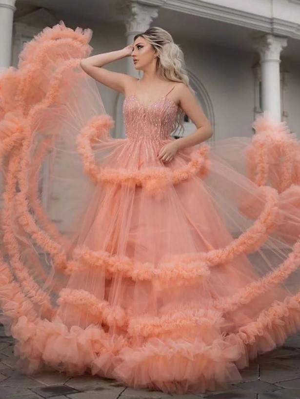 Sexy Spaghetti Straps Coral Evening Gowns | Stylish Sleeveless Tulle Ruffles Long Prom Dresses for Juniors-Babyonlinewholesale