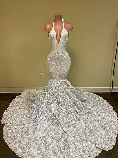 Sparkle White v-neck mermaid fit and flare prom dress