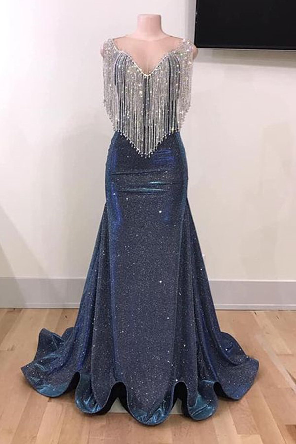 Dark navy sequin prom dress with shiny ruffles